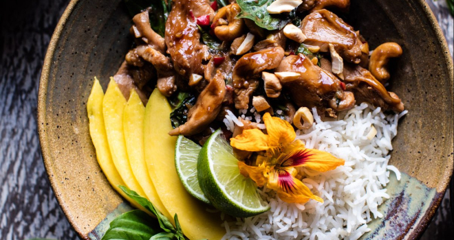 Thai Basil chicken stir-fry with fresh mango