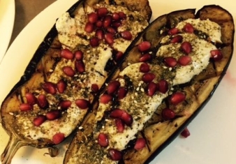 Baked eggplant with labneh and pomegranate