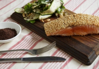 Sesame-crusted salmon with cucumber salad