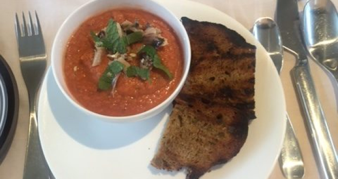 Watermelon Gazpacho with fresh baby sardines